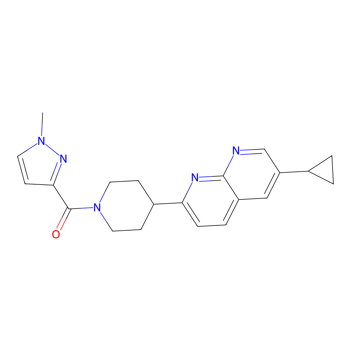 6-cyclopropyl-2-[1-(1-methyl-1H-pyrazole-3-carbonyl)piperidin-4-yl]-1,8-naphthyridine molecular structure, CAS 2742052-11-3