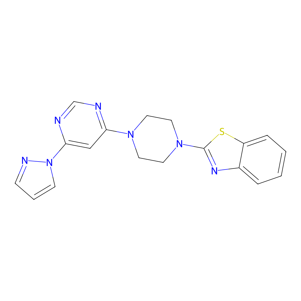 2-{4-[6-(1H-pyrazol-1-yl)pyrimidin-4-yl]piperazin-1-yl}-1,3-benzothiazole molecular structure, CAS 2742052-12-4