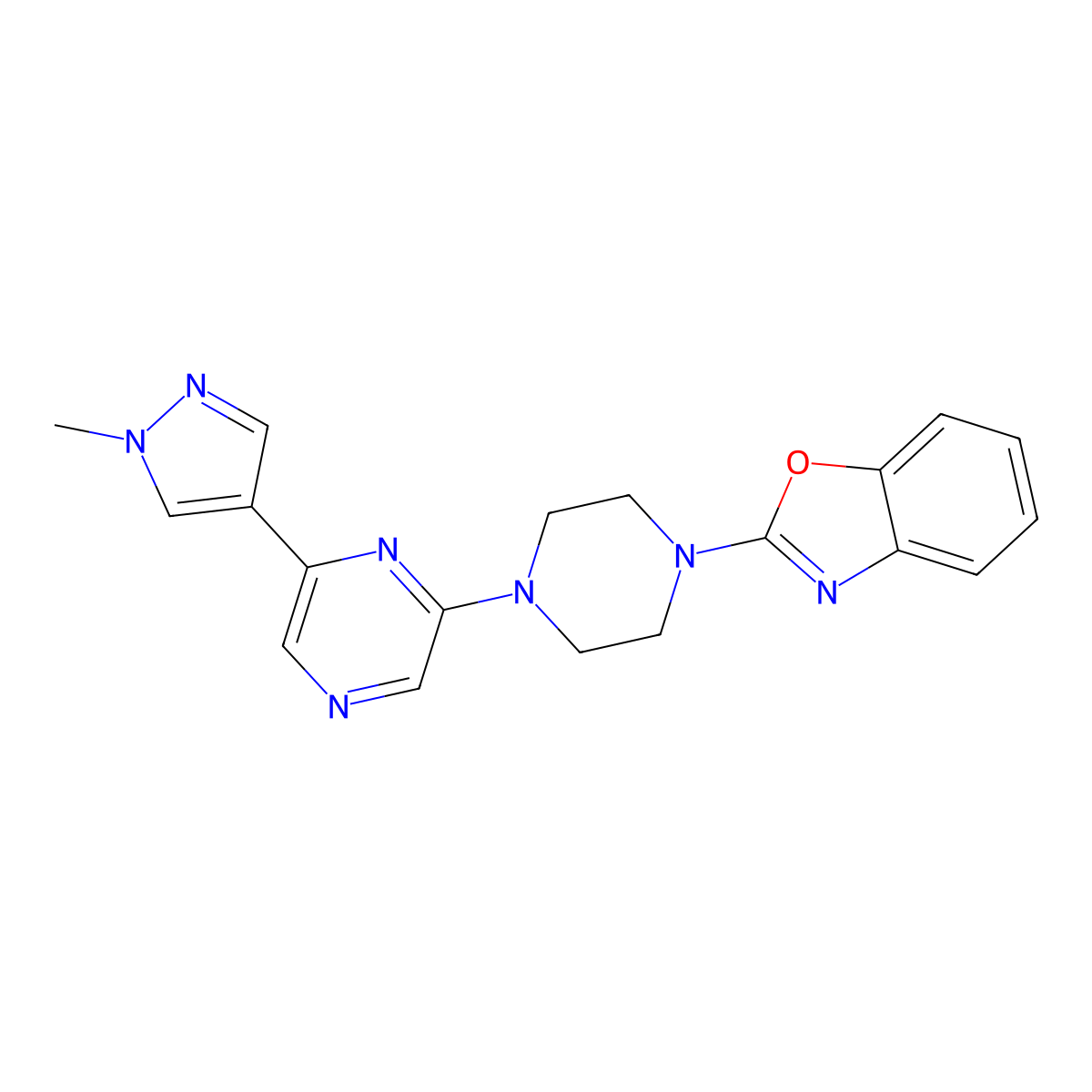 2-{4-[6-(1-methyl-1H-pyrazol-4-yl)pyrazin-2-yl]piperazin-1-yl}-1,3-benzoxazole molecular structure, CAS 2742052-13-5