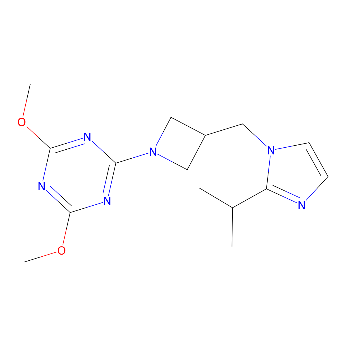 2,4-dimethoxy-6-(3-{[2-(propan-2-yl)-1H-imidazol-1-yl]methyl}azetidin-1-yl)-1,3,5-triazine molecular structure, CAS 2742052-15-7
