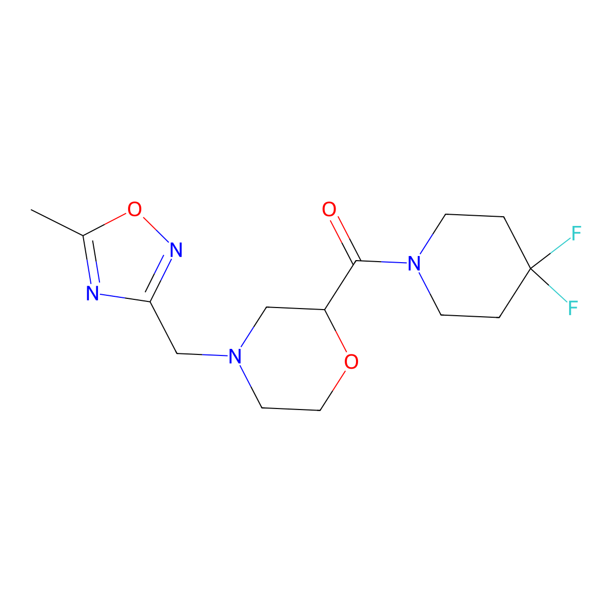 2-(4,4-Difluoropiperidine-1-carbonyl)-4-[(5-methyl-1,2,4-oxadiazol-3-yl)methyl]morpholine molecular structure, CAS 2742052-24-8