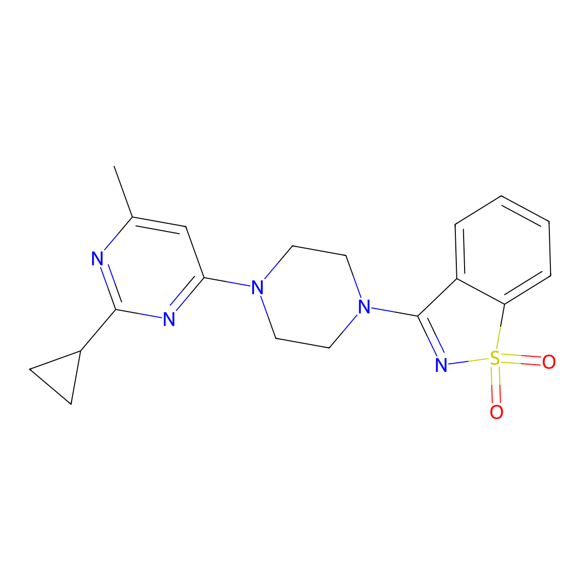 3-[4-(2-Cyclopropyl-6-methylpyrimidin-4-yl)piperazin-1-yl]-1,2-benzothiazole 1,1-dioxide molecular structure, CAS 2742052-36-2