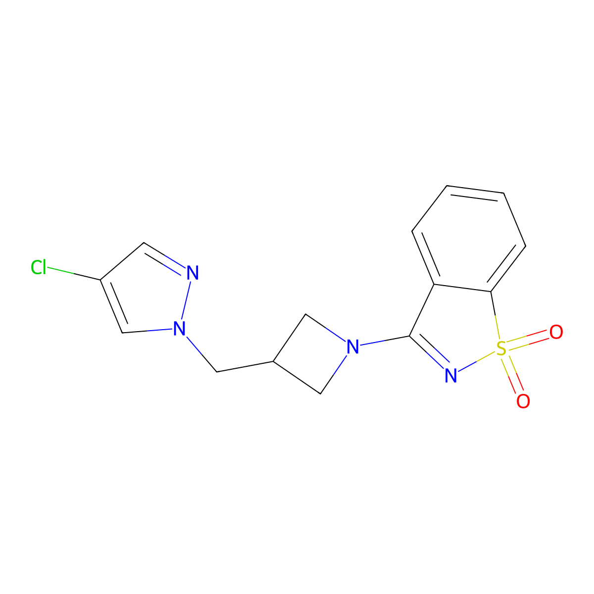 3-[3-[(4-Chloropyrazol-1-yl)methyl]azetidin-1-yl]-1,2-benzothiazole 1,1-dioxide molecular structure, CAS 2742052-45-3