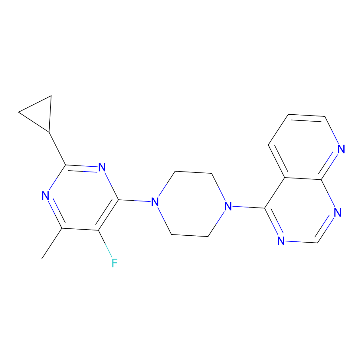 2-Cyclopropyl-5-fluoro-4-methyl-6-(4-{pyrido[2,3-d]pyrimidin-4-yl}piperazin-1-yl)pyrimidine molecular structure, CAS 2742052-58-8
