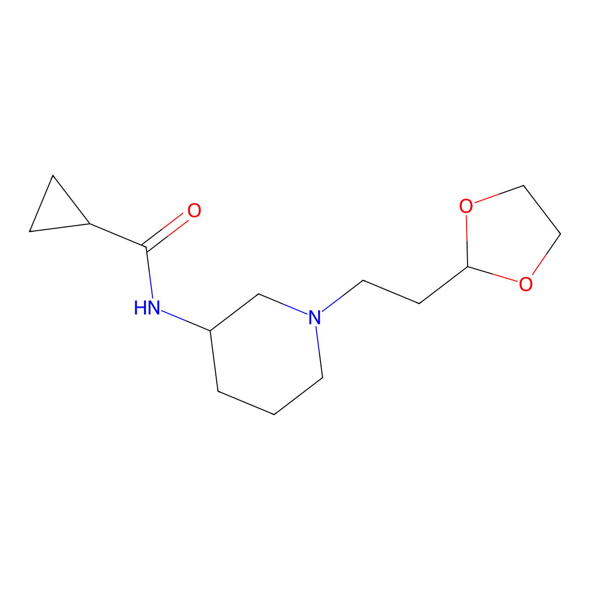 N-{1-[2-(1,3-dioxolan-2-yl)ethyl]piperidin-3-yl}cyclopropanecarboxamide molecular structure, CAS 2742052-62-4