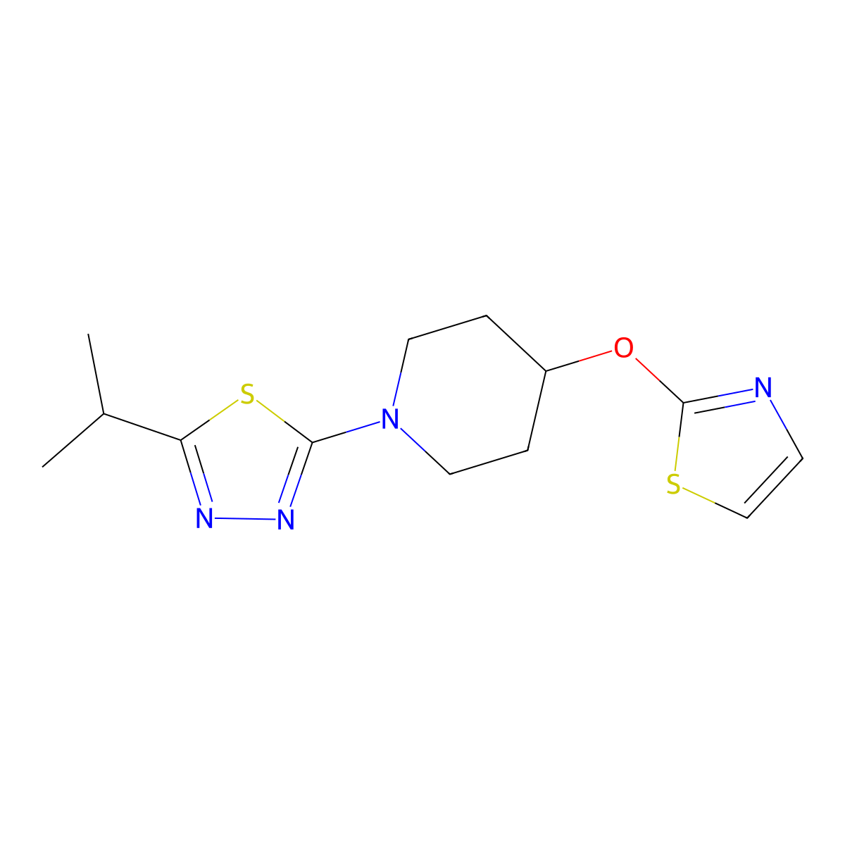 1-[5-(Propan-2-yl)-1,3,4-thiadiazol-2-yl]-4-(1,3-thiazol-2-yloxy)piperidine molecular structure, CAS 2742052-64-6