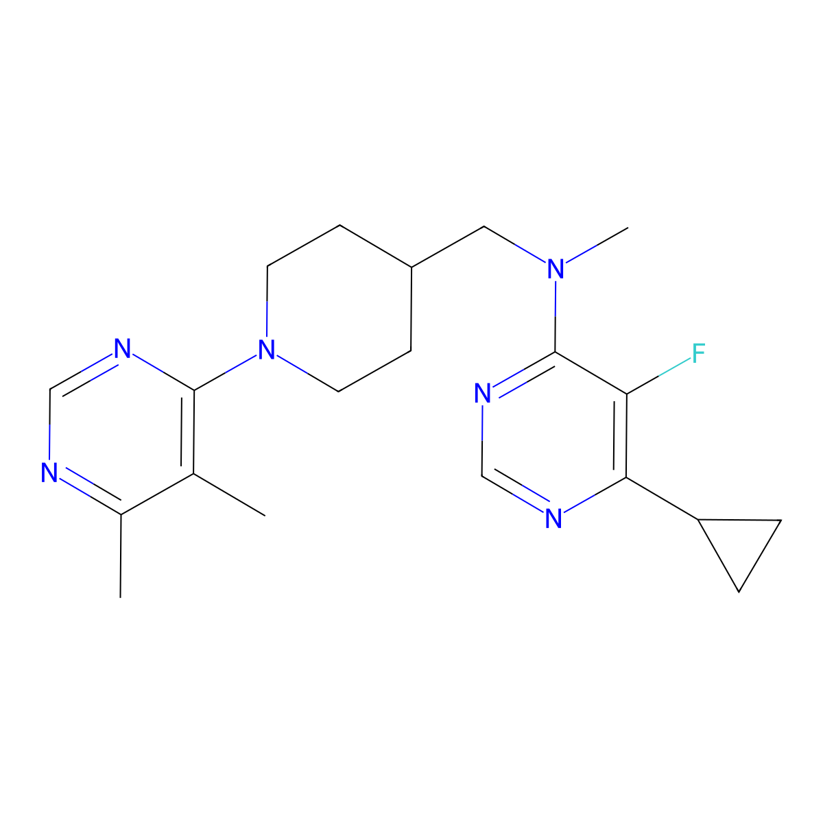 6-cyclopropyl-N-{[1-(5,6-dimethylpyrimidin-4-yl)piperidin-4-yl]methyl}-5-fluoro-N-methylpyrimidin-4-amine molecular structure, CAS 2742052-66-8