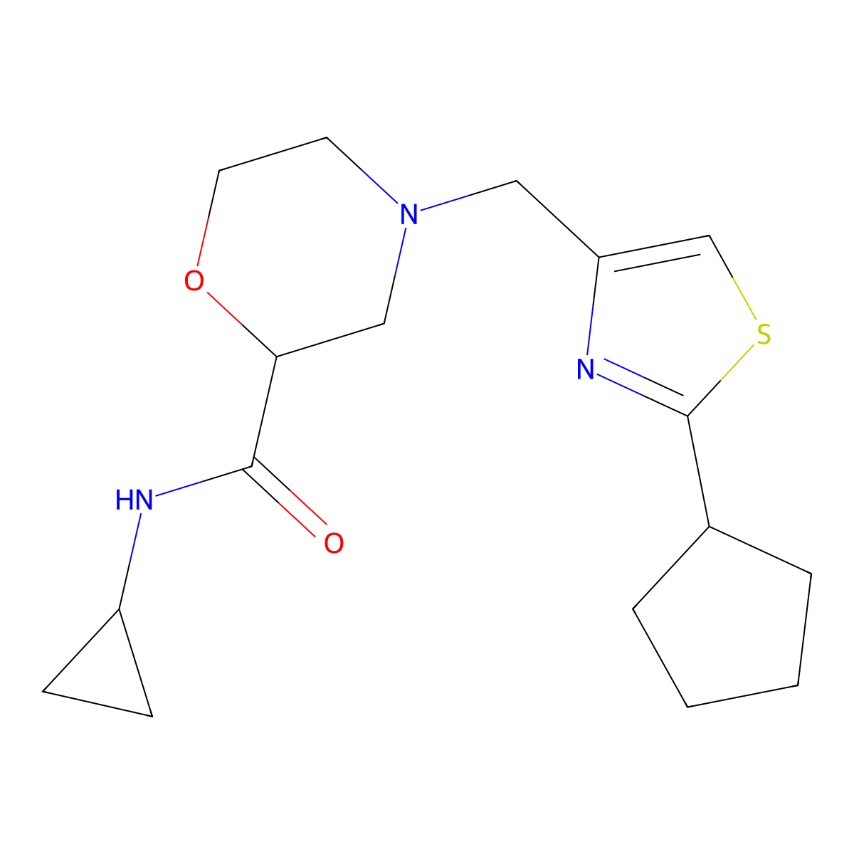 4-[(2-cyclopentyl-1,3-thiazol-4-yl)methyl]-N-cyclopropylmorpholine-2-carboxamide molecular structure, CAS 2742052-67-9