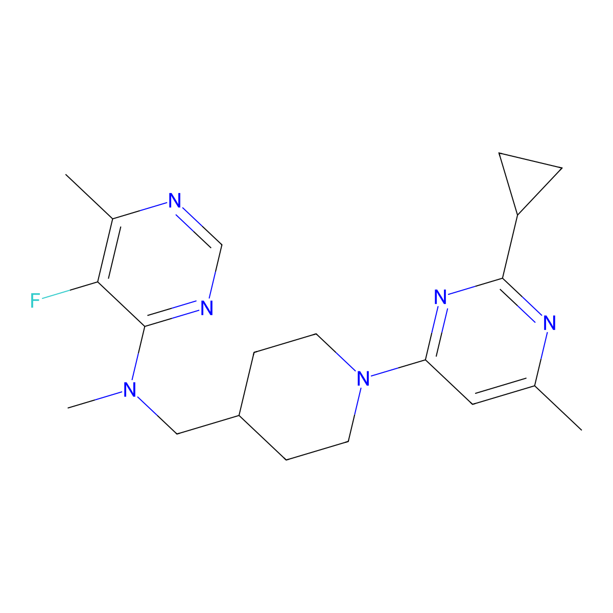 N-{[1-(2-cyclopropyl-6-methylpyrimidin-4-yl)piperidin-4-yl]methyl}-5-fluoro-N,6-dimethylpyrimidin-4-amine molecular structure, CAS 2742052-74-8