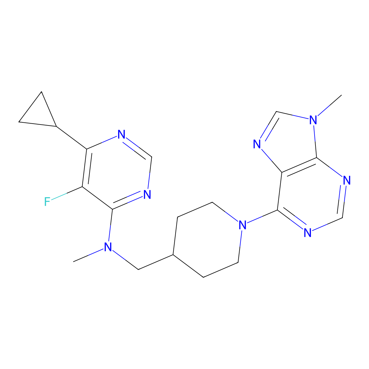 6-cyclopropyl-5-fluoro-N-methyl-N-{[1-(9-methyl-9H-purin-6-yl)piperidin-4-yl]methyl}pyrimidin-4-amine molecular structure, CAS 2742052-78-2