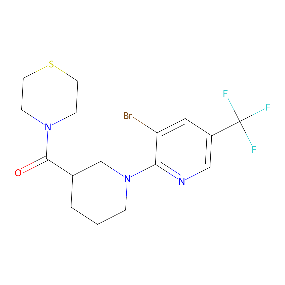 4-{1-[3-Bromo-5-(trifluoromethyl)pyridin-2-yl]piperidine-3-carbonyl}thiomorpholine molecular structure, CAS 2742052-91-9