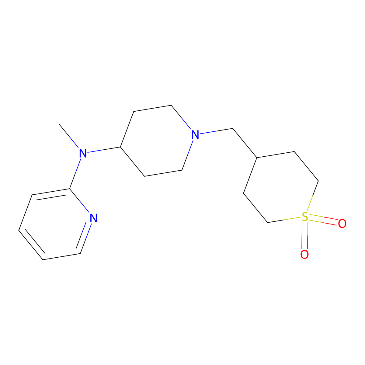 4-({4-[Methyl(pyridin-2-yl)amino]piperidin-1-yl}methyl)-1lambda6-thiane-1,1-dione molecular structure, CAS 2742052-93-1
