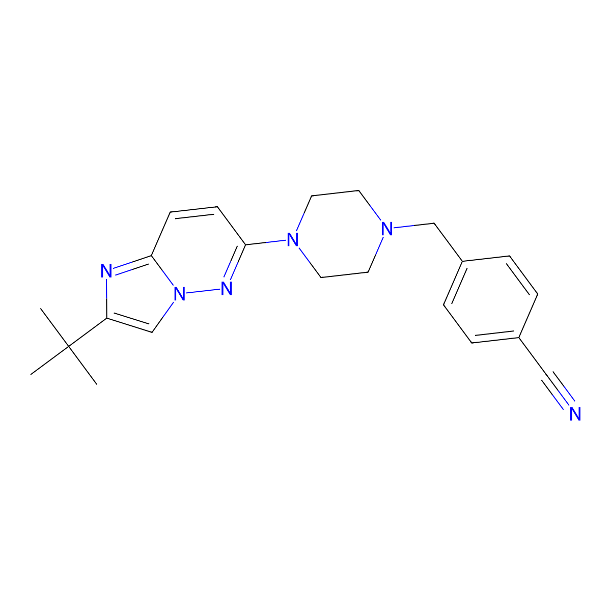 4-[(4-{2-Tert-butylimidazo[1,2-b]pyridazin-6-yl}piperazin-1-yl)methyl]benzonitrile molecular structure, CAS 2742052-96-4