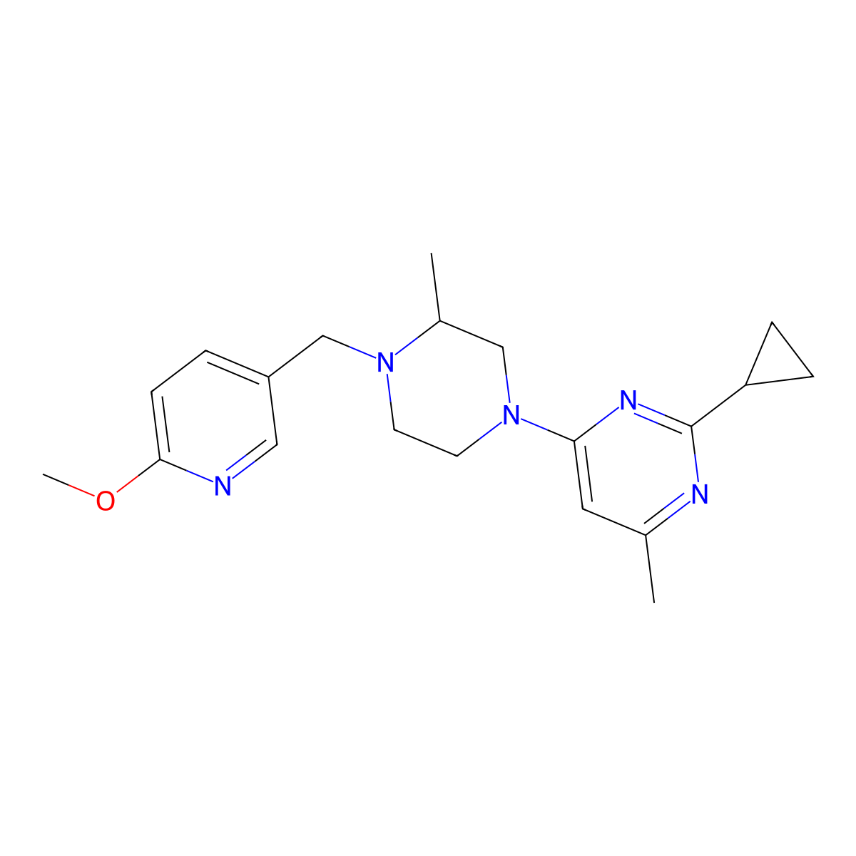 2-Cyclopropyl-4-{4-[(6-methoxypyridin-3-yl)methyl]-3-methylpiperazin-1-yl}-6-methylpyrimidine molecular structure, CAS 2742053-00-3