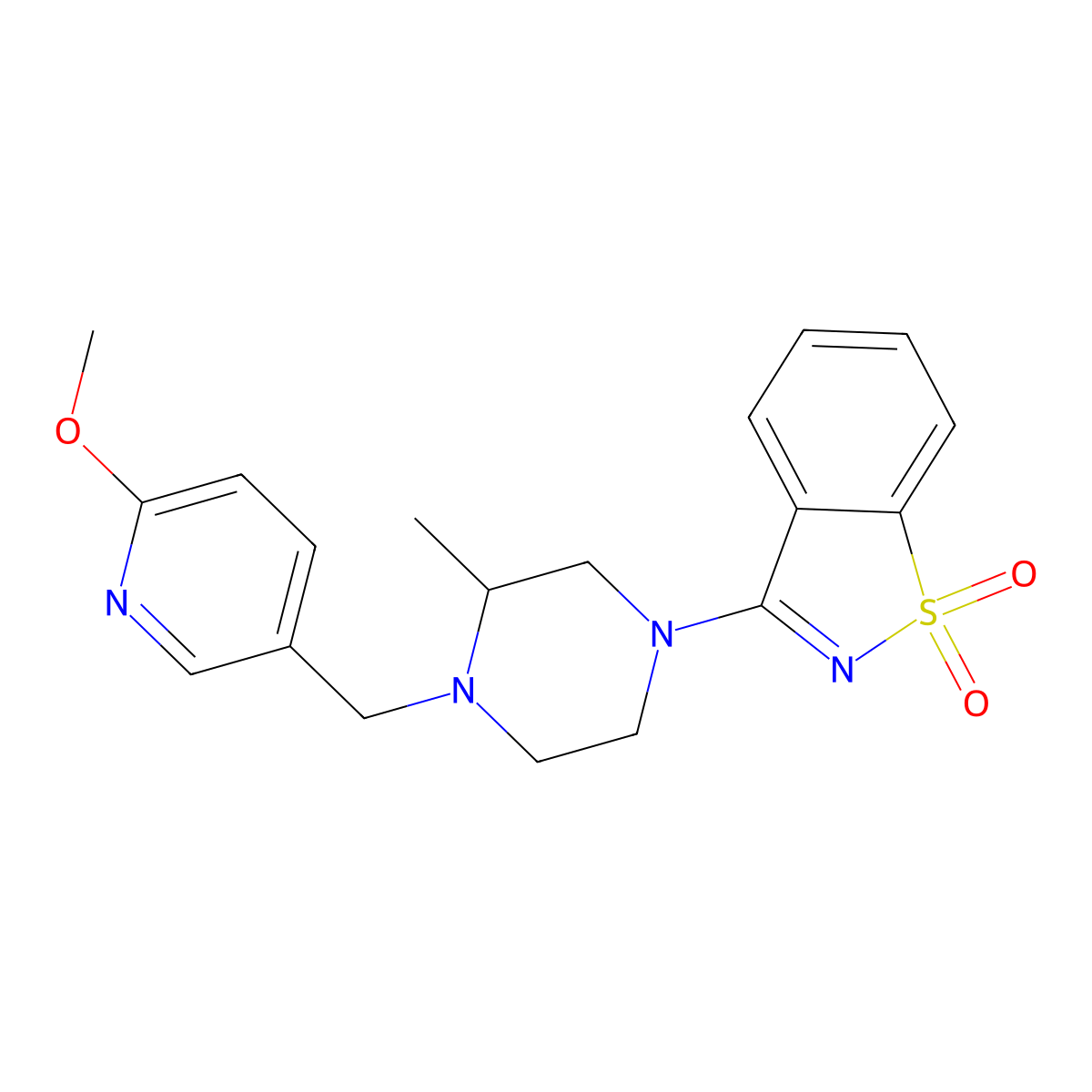 3-[4-[(6-Methoxy-3-pyridinyl)methyl]-3-methylpiperazin-1-yl]-1,2-benzothiazole 1,1-dioxide molecular structure, CAS 2742053-01-4