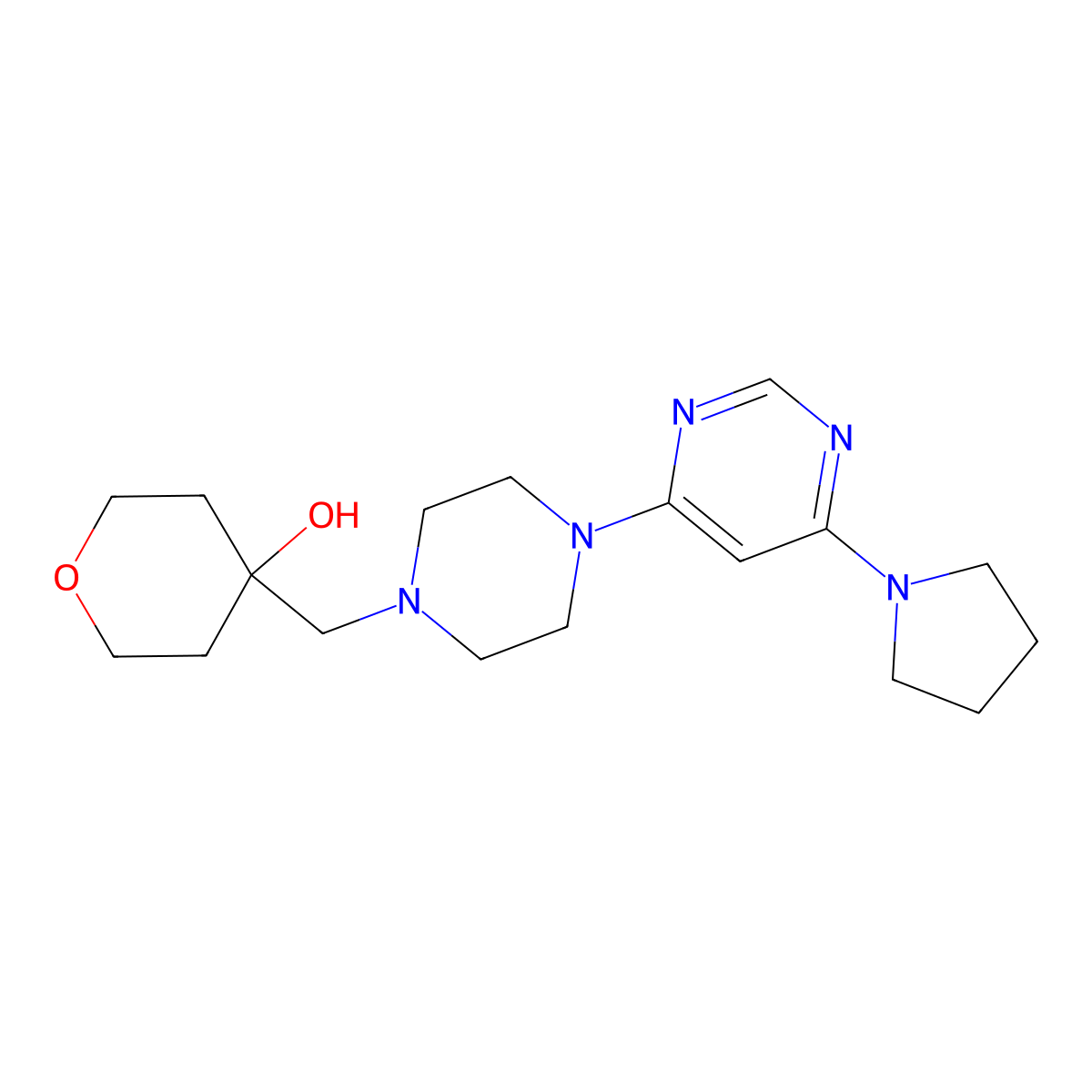 4-({4-[6-(Pyrrolidin-1-yl)pyrimidin-4-yl]piperazin-1-yl}methyl)oxan-4-ol molecular structure, CAS 2742053-03-6