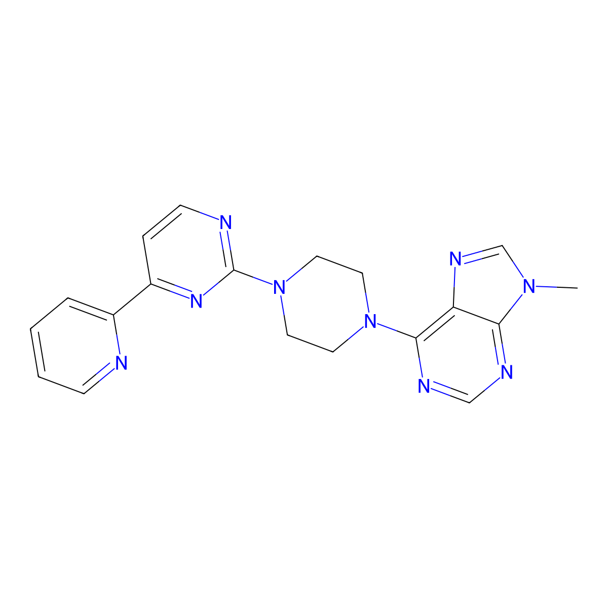 9-methyl-6-{4-[4-(pyridin-2-yl)pyrimidin-2-yl]piperazin-1-yl}-9H-purine molecular structure, CAS 2742053-14-9