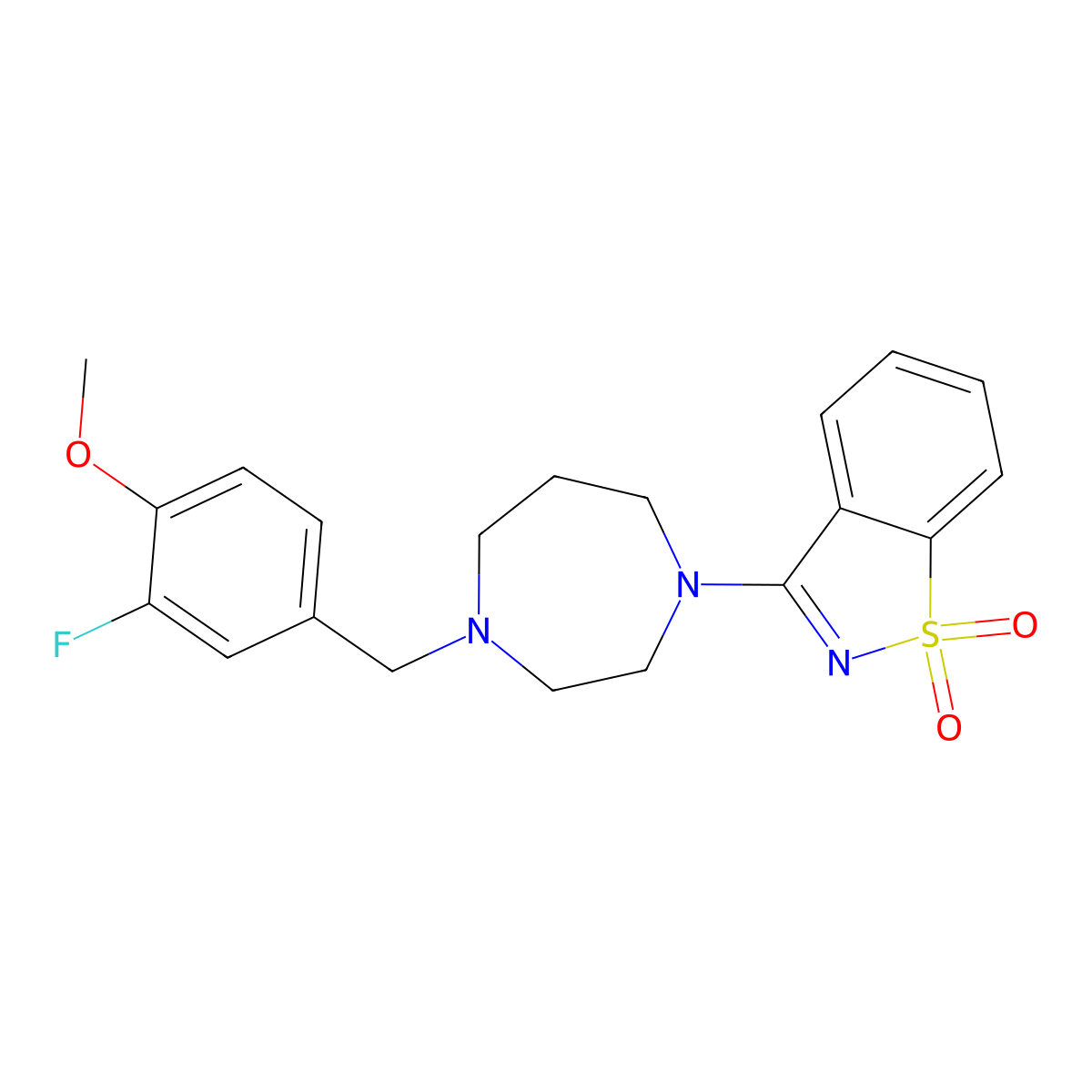 3-[4-[(3-Fluoro-4-methoxyphenyl)methyl]-1,4-diazepan-1-yl]-1,2-benzothiazole 1,1-dioxide molecular structure, CAS 2742053-21-8