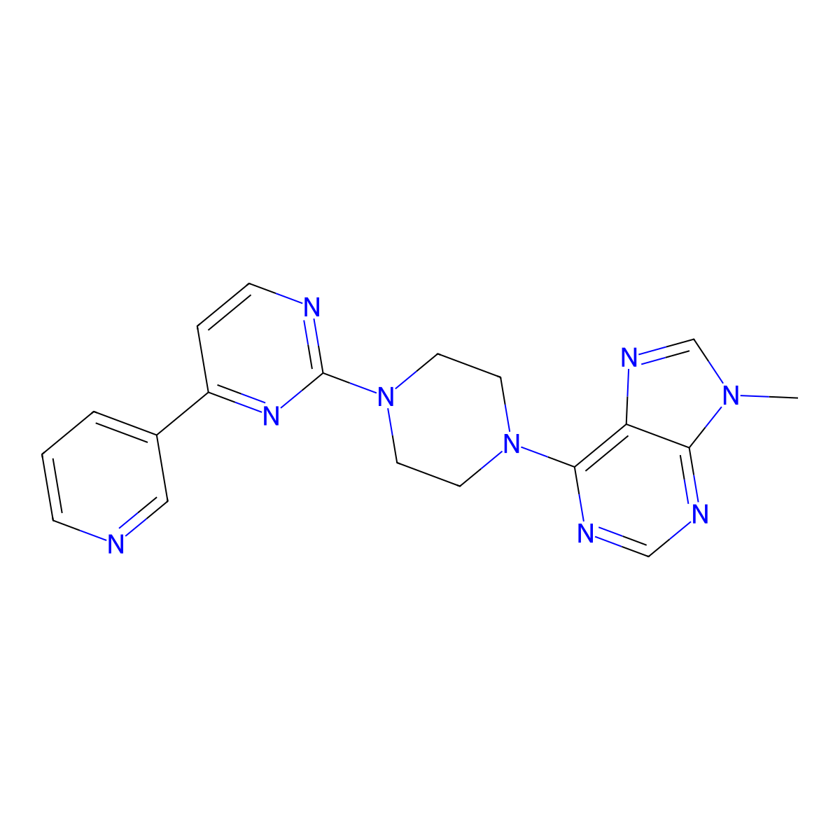 9-methyl-6-{4-[4-(pyridin-3-yl)pyrimidin-2-yl]piperazin-1-yl}-9H-purine molecular structure, CAS 2742053-22-9