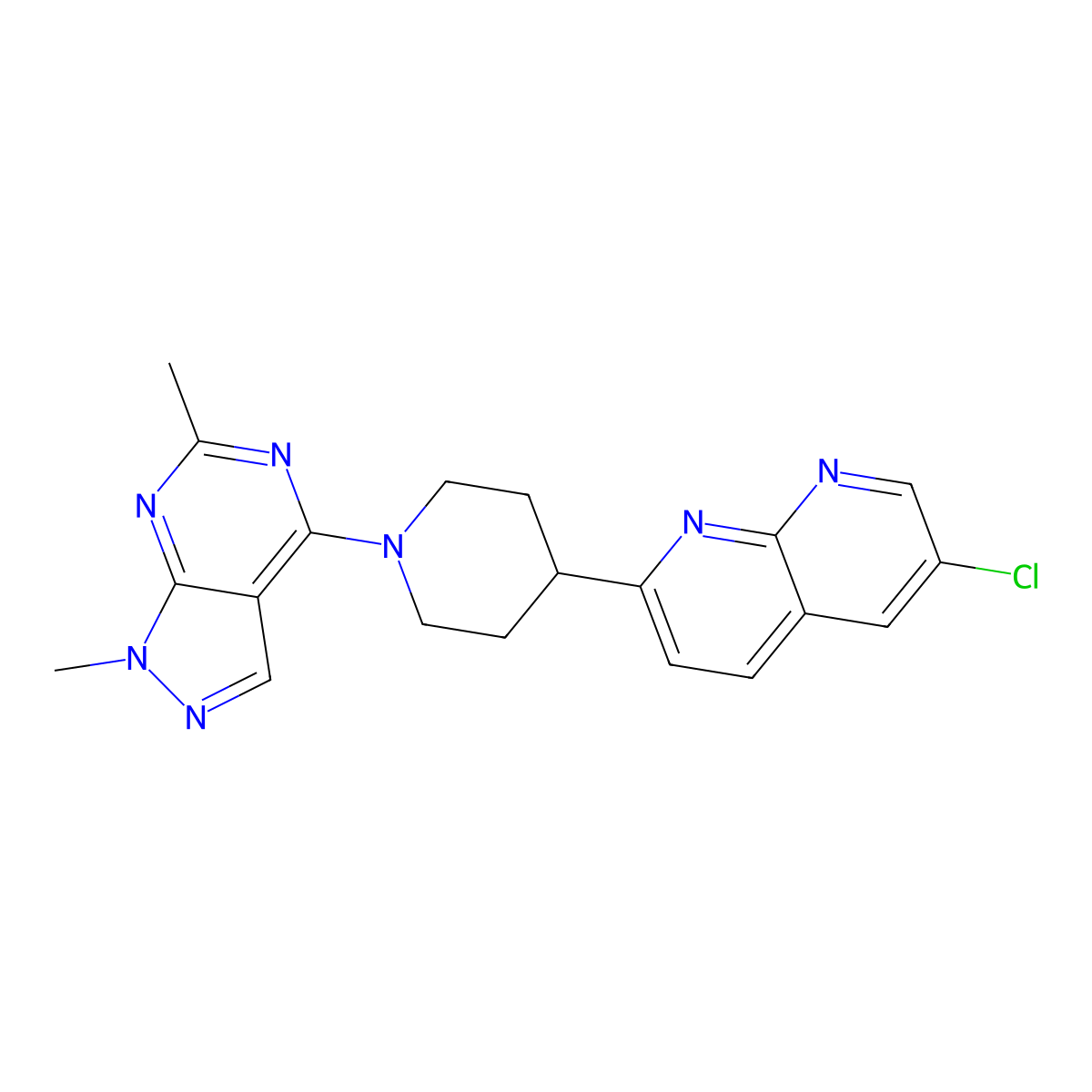 6-chloro-2-(1-{1,6-dimethyl-1H-pyrazolo[3,4-d]pyrimidin-4-yl}piperidin-4-yl)-1,8-naphthyridine molecular structure, CAS 2742053-27-4