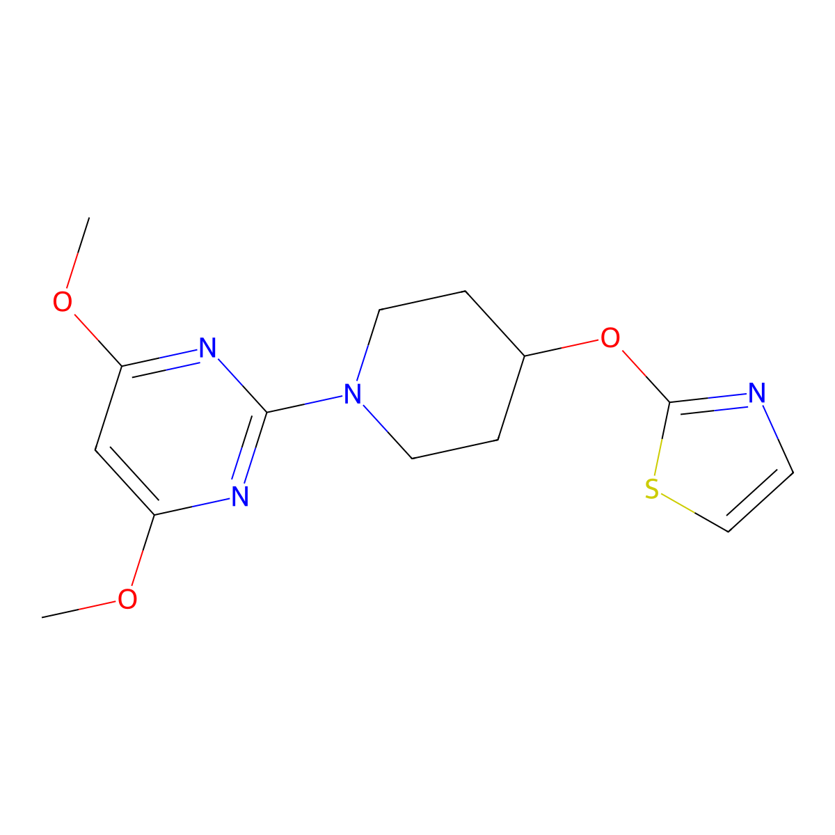 4,6-Dimethoxy-2-[4-(1,3-thiazol-2-yloxy)piperidin-1-yl]pyrimidine molecular structure, CAS 2742053-32-1