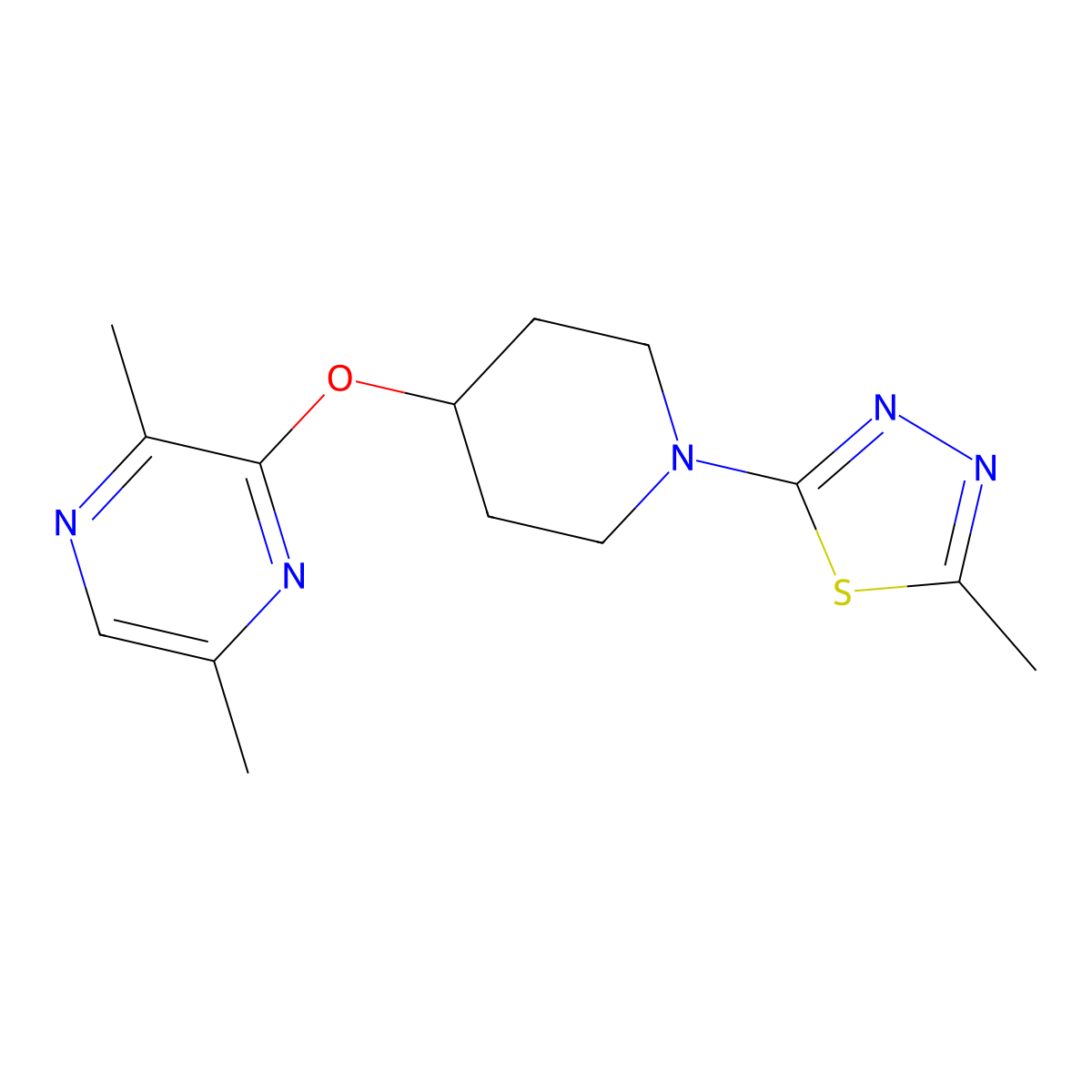 2,5-Dimethyl-3-{[1-(5-methyl-1,3,4-thiadiazol-2-yl)piperidin-4-yl]oxy}pyrazine molecular structure, CAS 2742053-33-2
