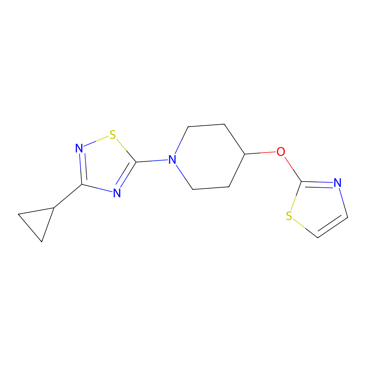 1-(3-Cyclopropyl-1,2,4-thiadiazol-5-yl)-4-(1,3-thiazol-2-yloxy)piperidine molecular structure, CAS 2742053-43-4