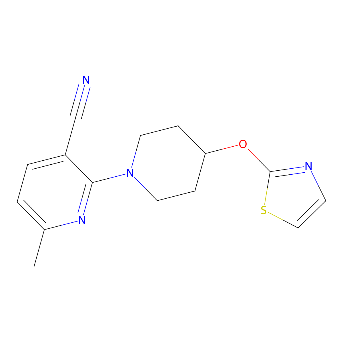 6-Methyl-2-[4-(1,3-thiazol-2-yloxy)piperidin-1-yl]pyridine-3-carbonitrile molecular structure, CAS 2742053-56-9