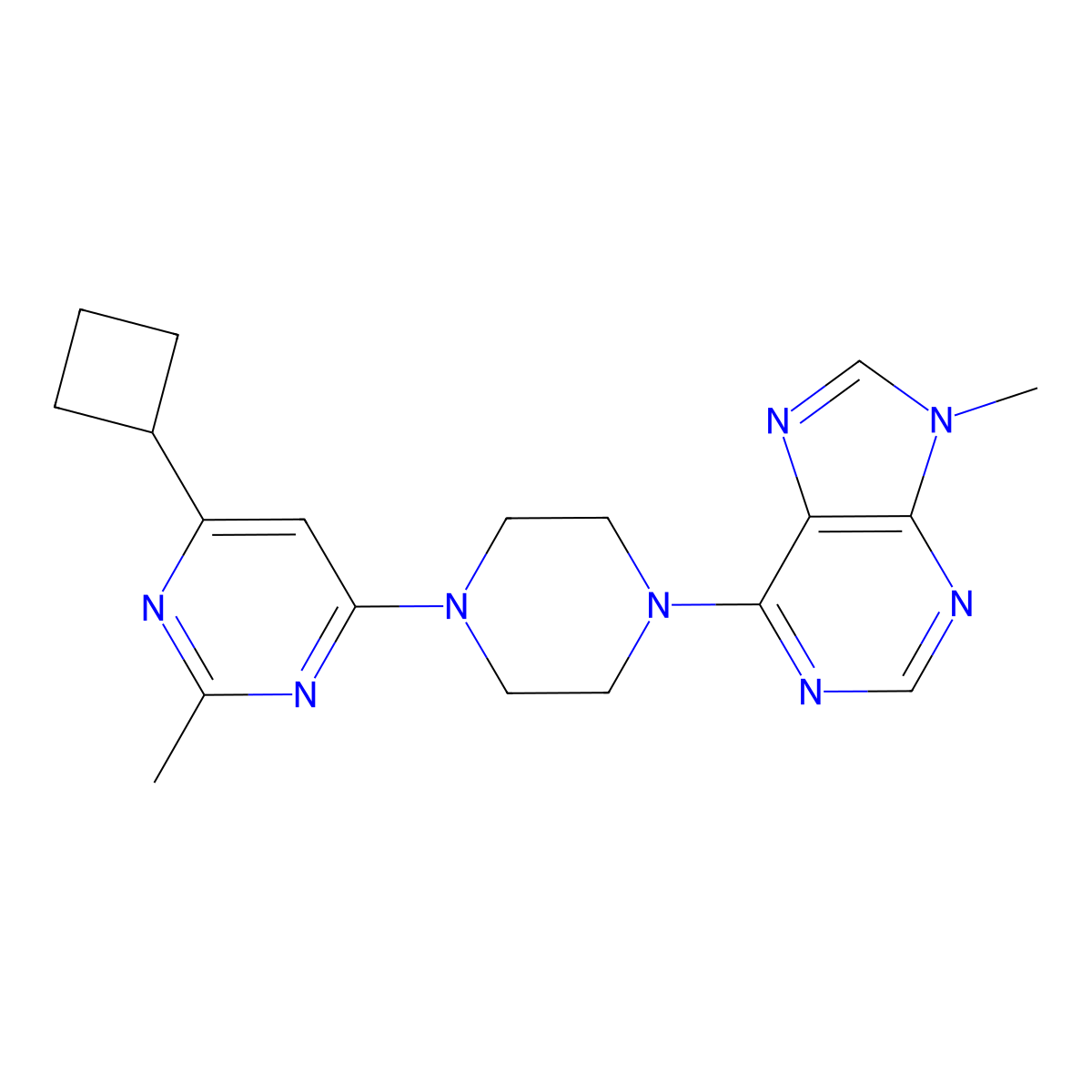 6-[4-(6-cyclobutyl-2-methylpyrimidin-4-yl)piperazin-1-yl]-9-methyl-9H-purine molecular structure, CAS 2742053-57-0