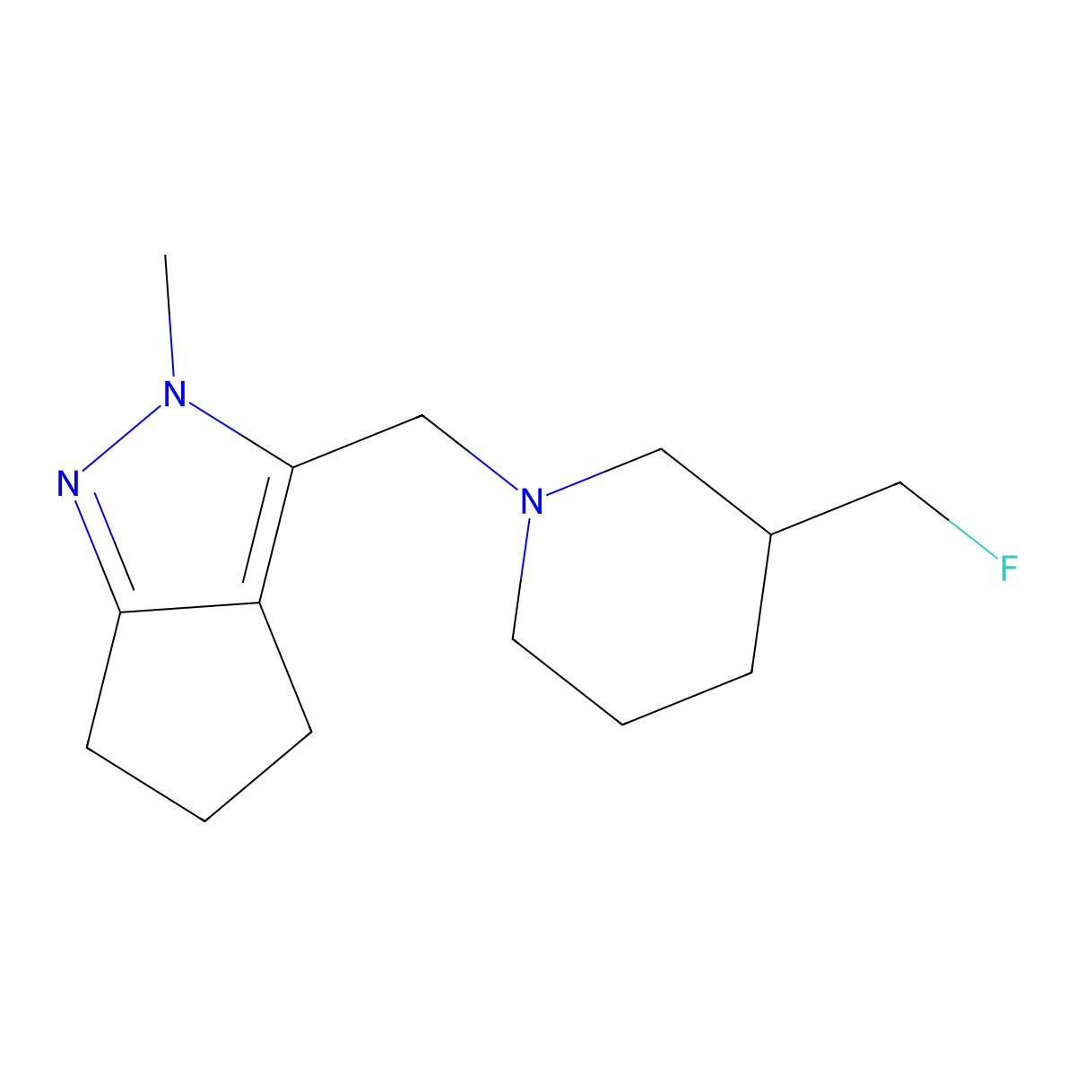 3-(fluoromethyl)-1-({2-methyl-2H,4H,5H,6H-cyclopenta[c]pyrazol-3-yl}methyl)piperidine molecular structure, CAS 2742053-60-5