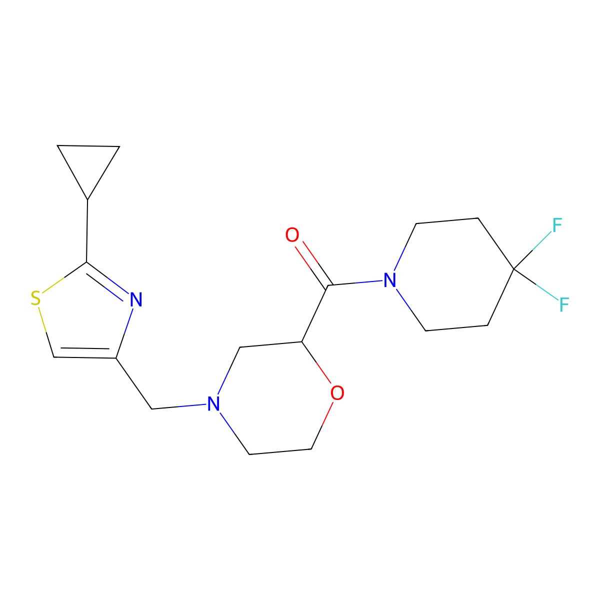 4-[(2-Cyclopropyl-1,3-thiazol-4-yl)methyl]-2-(4,4-difluoropiperidine-1-carbonyl)morpholine molecular structure, CAS 2742053-73-0