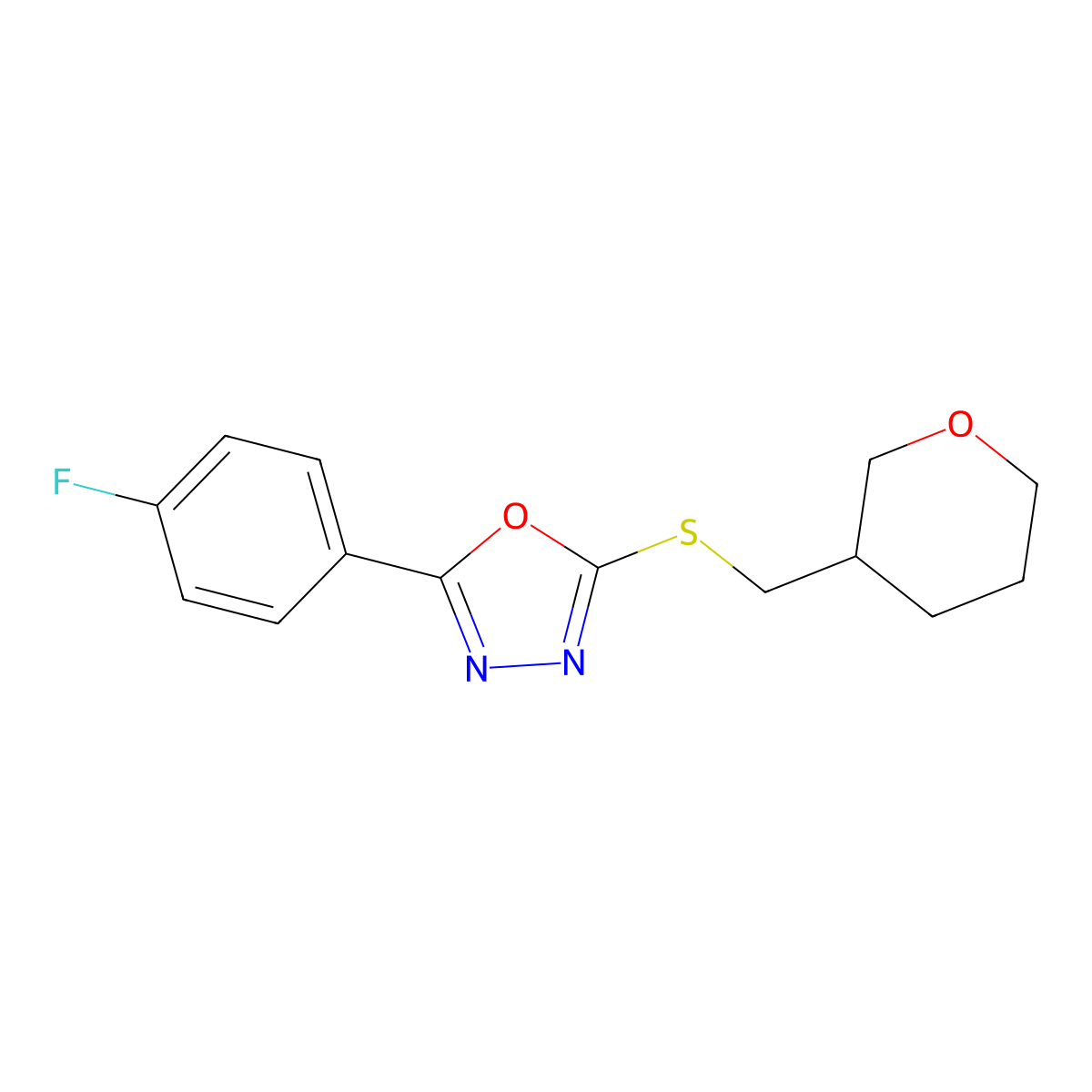 2-(4-Fluorophenyl)-5-{[(oxan-3-yl)methyl]sulfanyl}-1,3,4-oxadiazole molecular structure, CAS 2742053-80-9