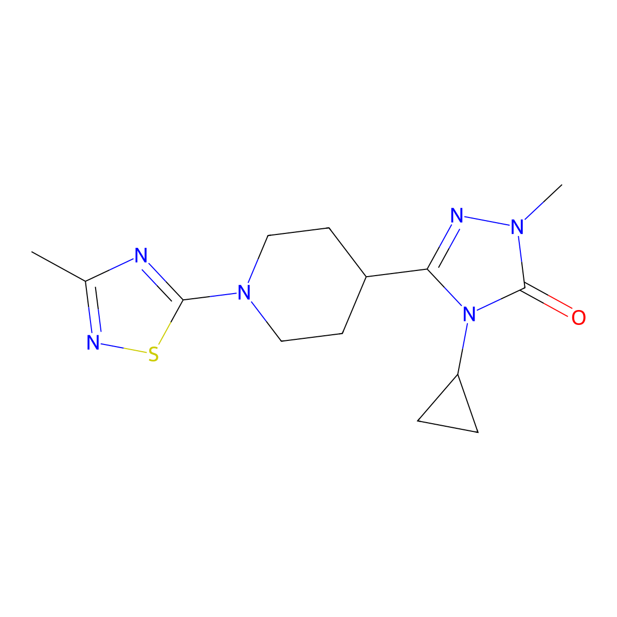 4-cyclopropyl-1-methyl-3-[1-(3-methyl-1,2,4-thiadiazol-5-yl)piperidin-4-yl]-4,5-dihydro-1H-1,2,4-triazol-5-one molecular structure, CAS 2742053-86-5