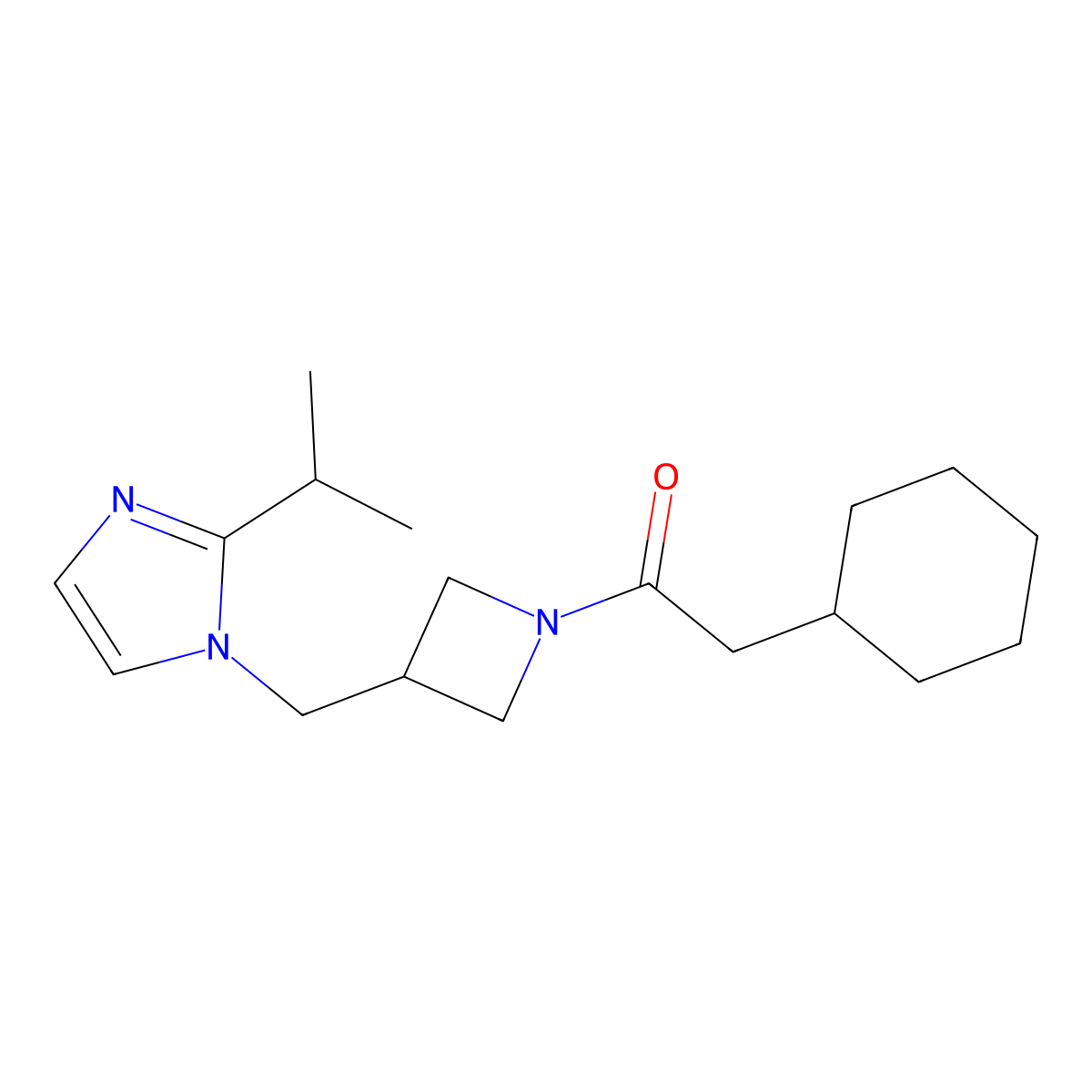 2-cyclohexyl-1-(3-{[2-(propan-2-yl)-1H-imidazol-1-yl]methyl}azetidin-1-yl)ethan-1-one molecular structure, CAS 2742053-87-6