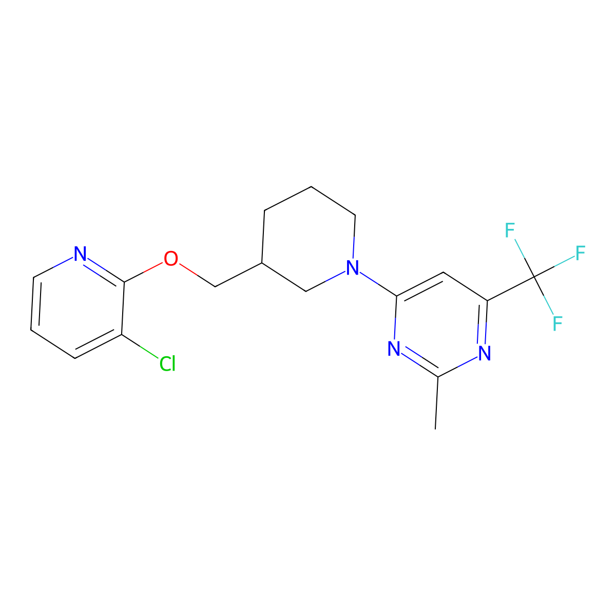 4-(3-{[(3-Chloropyridin-2-yl)oxy]methyl}piperidin-1-yl)-2-methyl-6-(trifluoromethyl)pyrimidine molecular structure, CAS 2742054-02-8