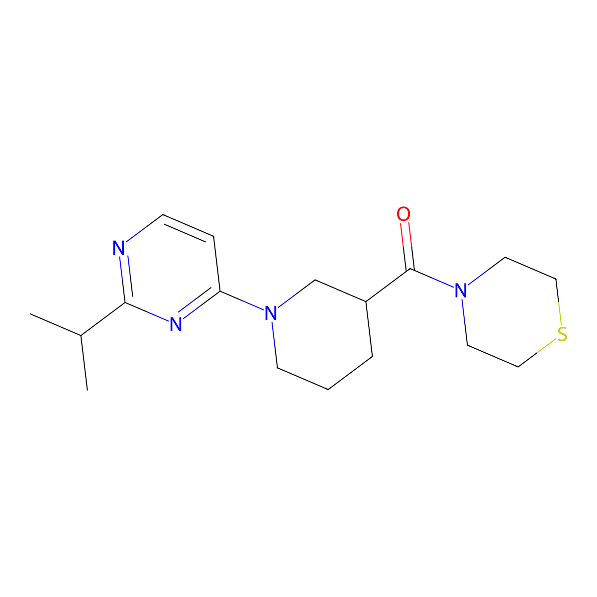 4-{1-[2-(Propan-2-yl)pyrimidin-4-yl]piperidine-3-carbonyl}thiomorpholine molecular structure, CAS 2742054-05-1