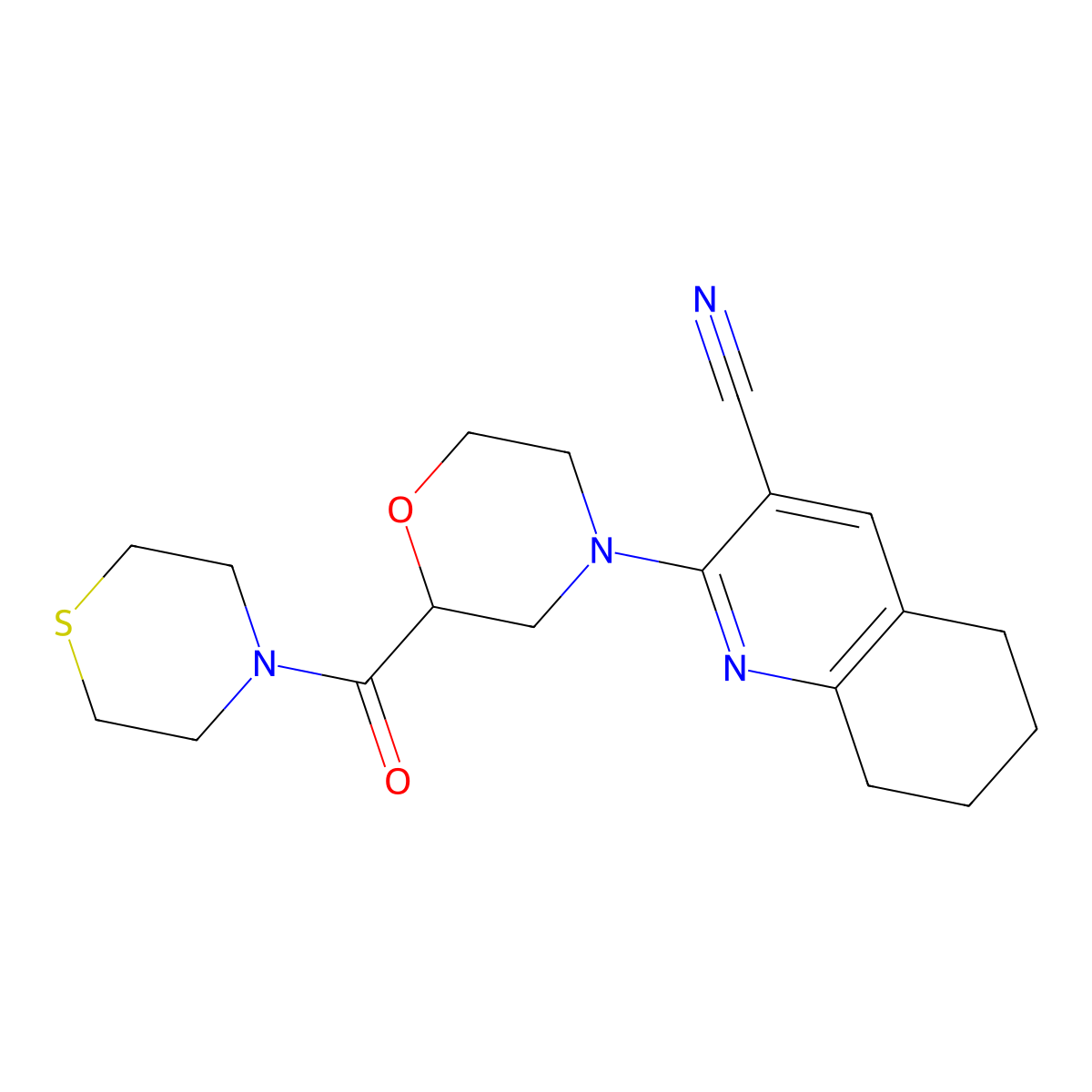 2-[2-(Thiomorpholine-4-carbonyl)morpholin-4-yl]-5,6,7,8-tetrahydroquinoline-3-carbonitrile molecular structure, CAS 2742054-09-5