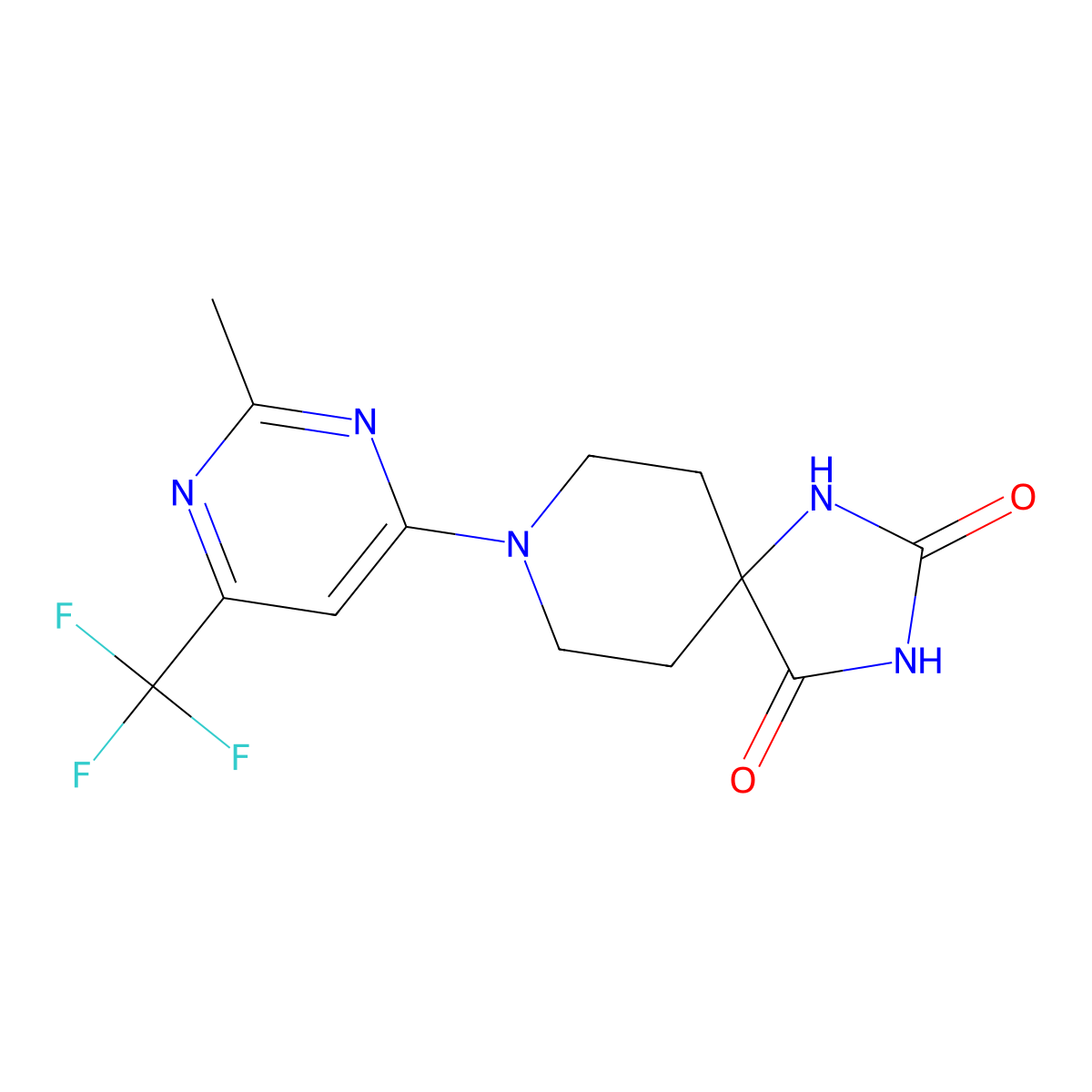 8-[2-Methyl-6-(trifluoromethyl)pyrimidin-4-yl]-1,3,8-triazaspiro[4.5]decane-2,4-dione molecular structure, CAS 2742054-12-0