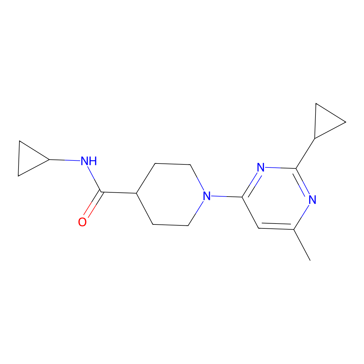 N-cyclopropyl-1-(2-cyclopropyl-6-methylpyrimidin-4-yl)piperidine-4-carboxamide molecular structure, CAS 2742054-13-1