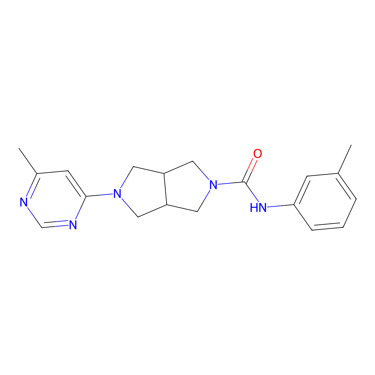 N-(3-methylphenyl)-5-(6-methylpyrimidin-4-yl)-octahydropyrrolo[3,4-c]pyrrole-2-carboxamide molecular structure, CAS 2742054-20-0