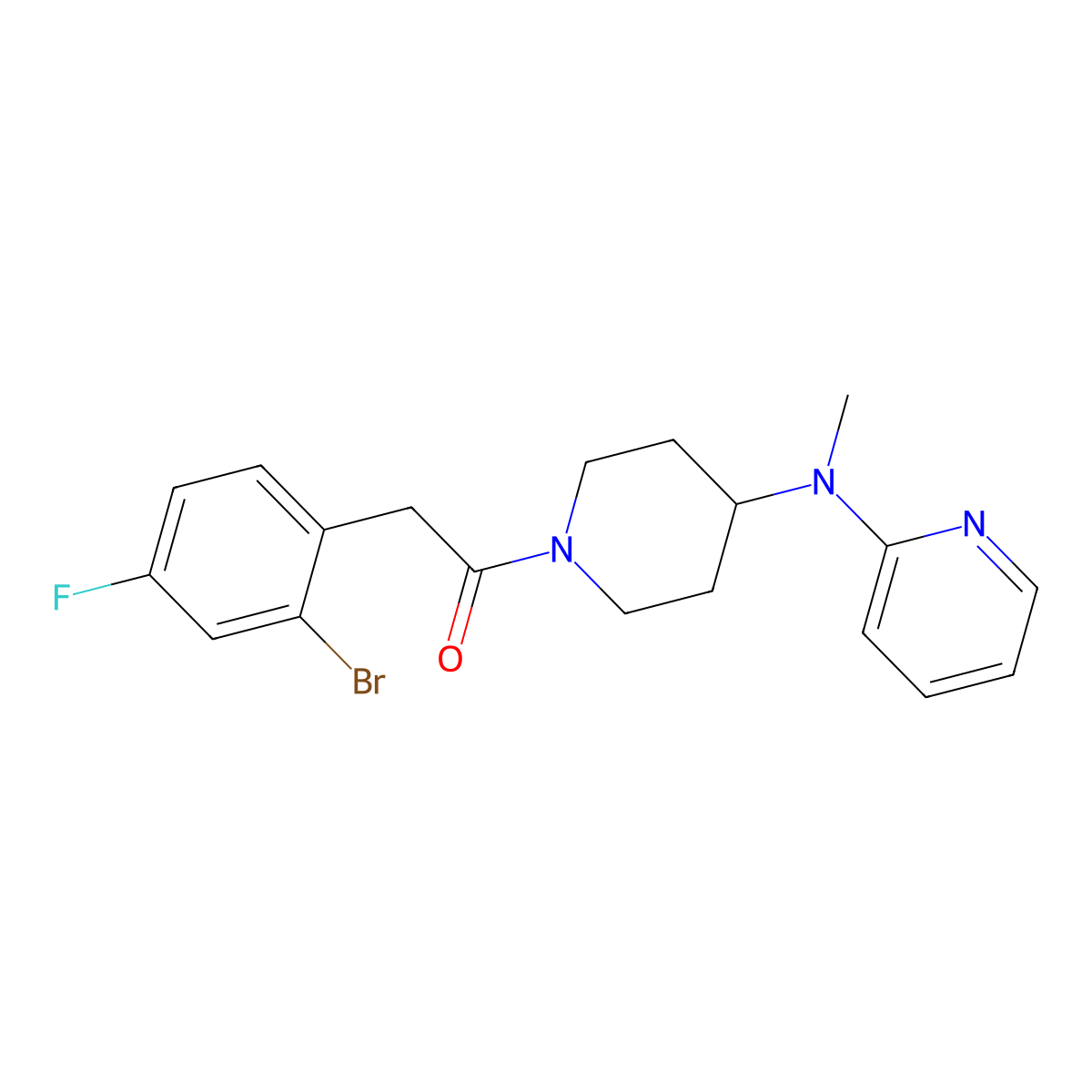 2-(2-Bromo-4-fluorophenyl)-1-{4-[methyl(pyridin-2-yl)amino]piperidin-1-yl}ethan-1-one molecular structure, CAS 2742054-35-7