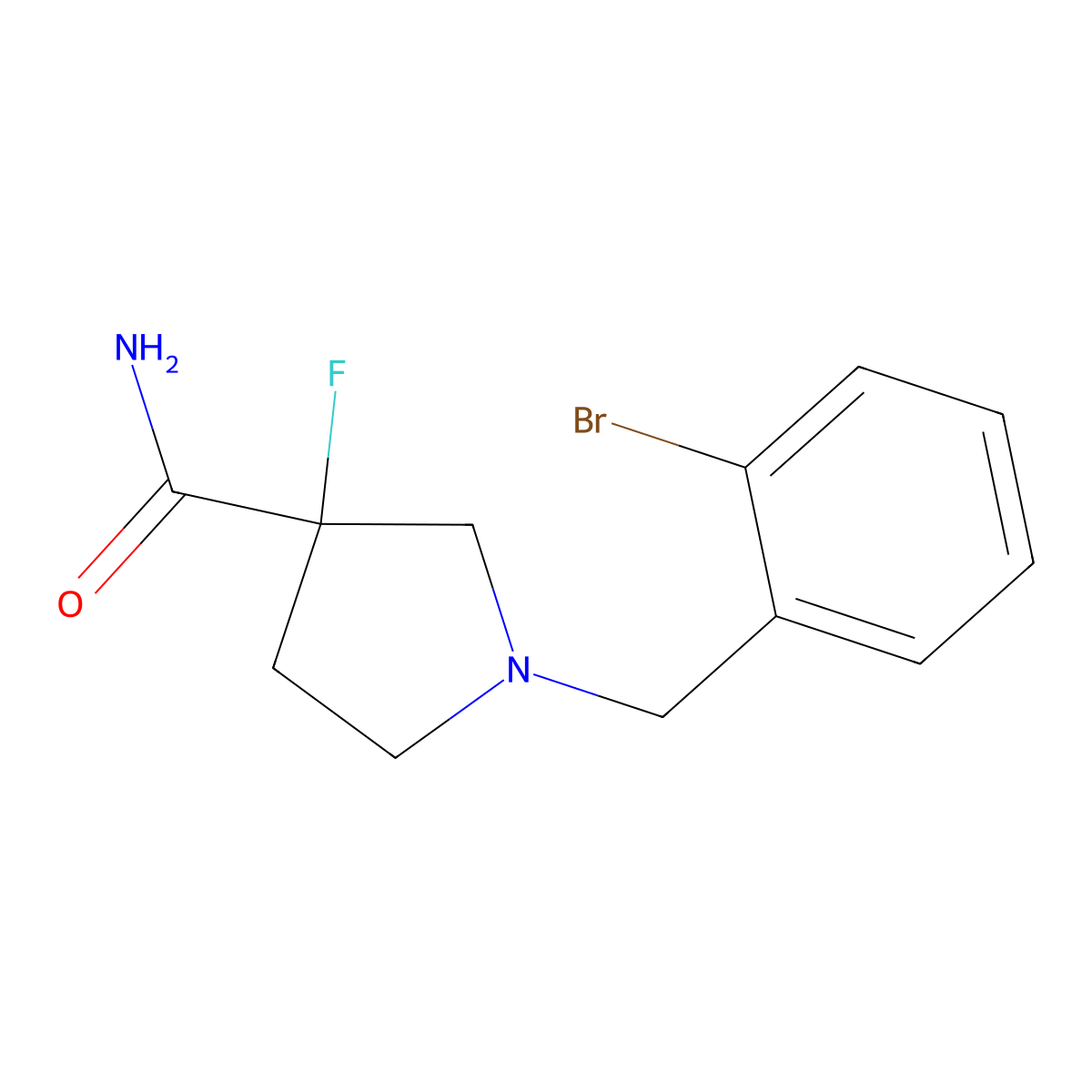 1-[(2-Bromophenyl)methyl]-3-fluoropyrrolidine-3-carboxamide molecular structure, CAS 2742054-45-9