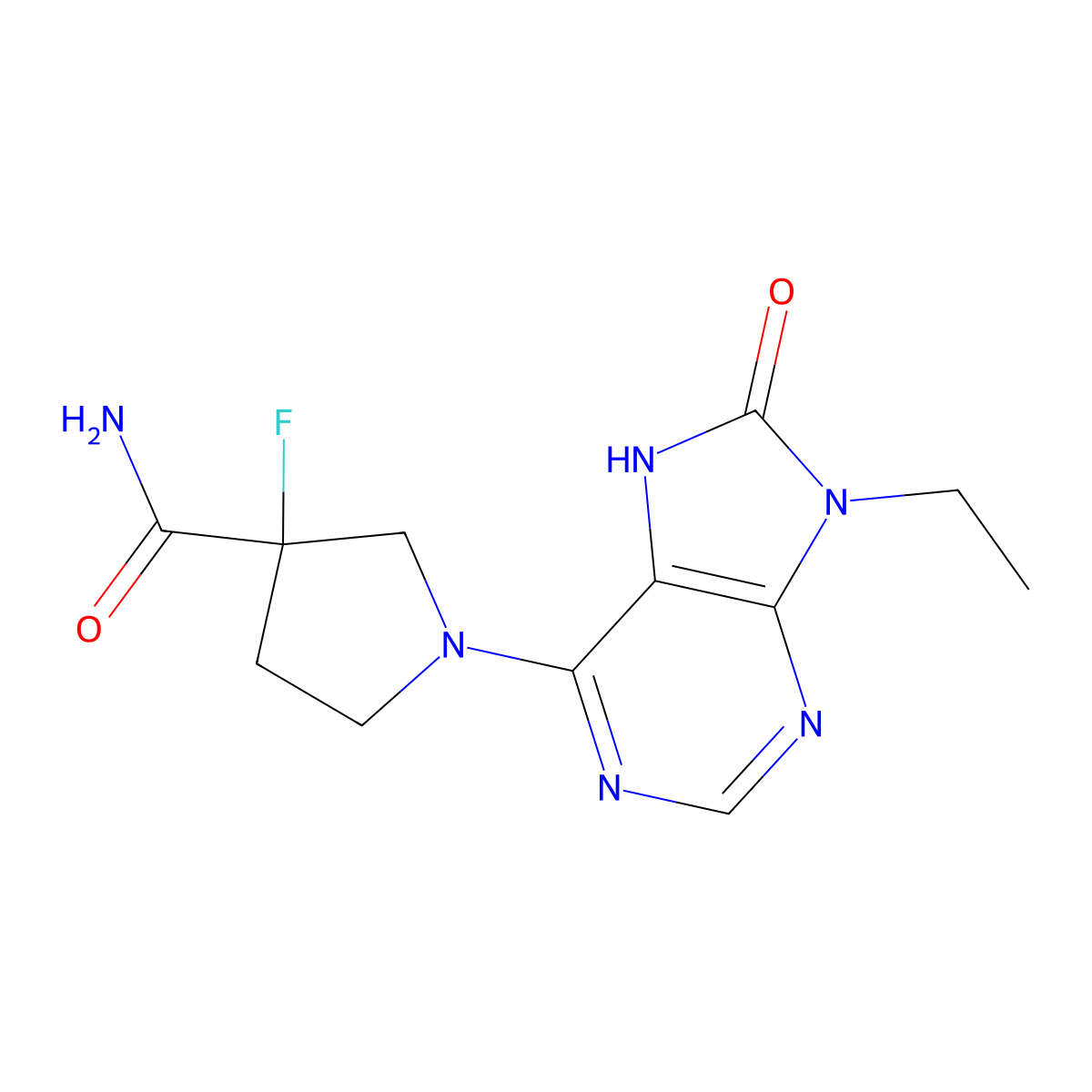 1-(9-ethyl-8-oxo-8,9-dihydro-7H-purin-6-yl)-3-fluoropyrrolidine-3-carboxamide molecular structure, CAS 2742054-48-2