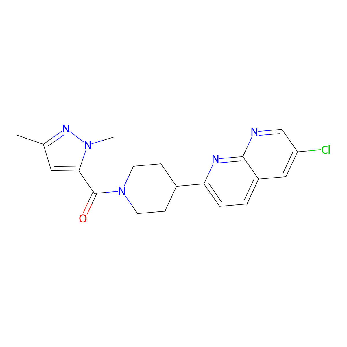 6-chloro-2-[1-(1,3-dimethyl-1H-pyrazole-5-carbonyl)piperidin-4-yl]-1,8-naphthyridine molecular structure, CAS 2742054-59-5