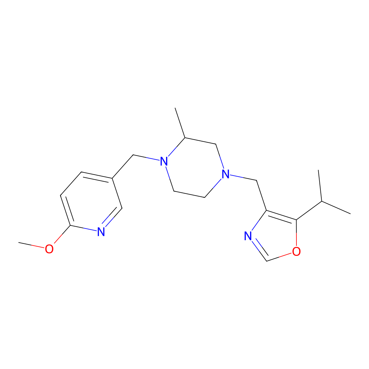 1-[(6-Methoxypyridin-3-yl)methyl]-2-methyl-4-{[5-(propan-2-yl)-1,3-oxazol-4-yl]methyl}piperazine molecular structure, CAS 2742054-60-8