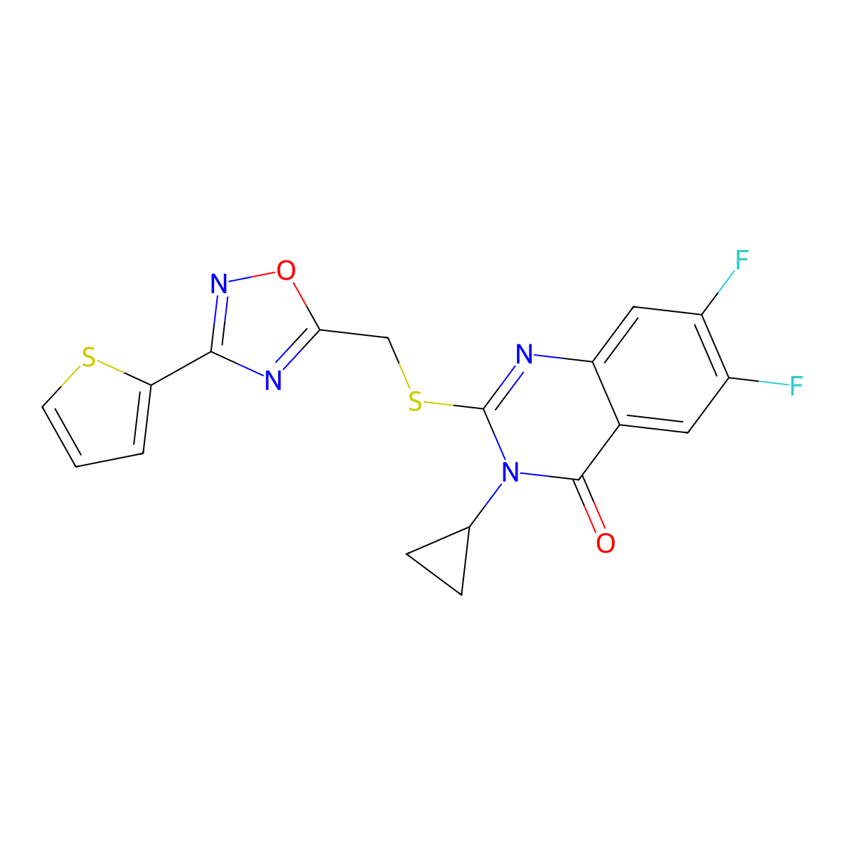 3-Cyclopropyl-6,7-difluoro-2-({[3-(thiophen-2-yl)-1,2,4-oxadiazol-5-yl]methyl}sulfanyl)-3,4-dihydroquinazolin-4-one molecular structure, CAS 2742054-61-9