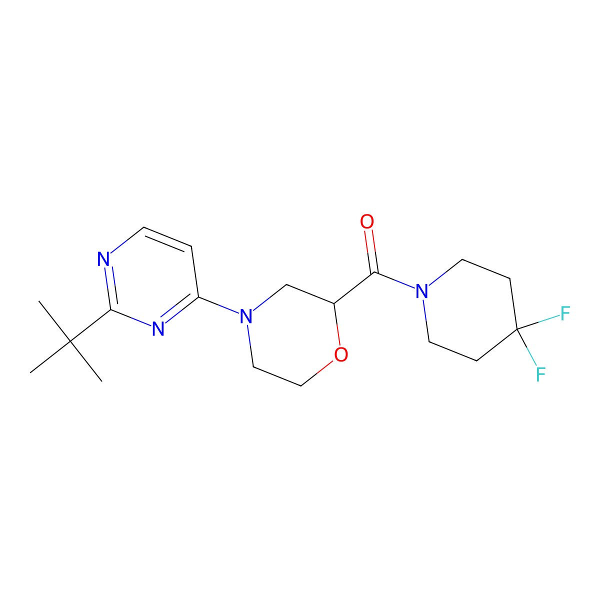 4-(2-Tert-butylpyrimidin-4-yl)-2-(4,4-difluoropiperidine-1-carbonyl)morpholine molecular structure, CAS 2742054-62-0