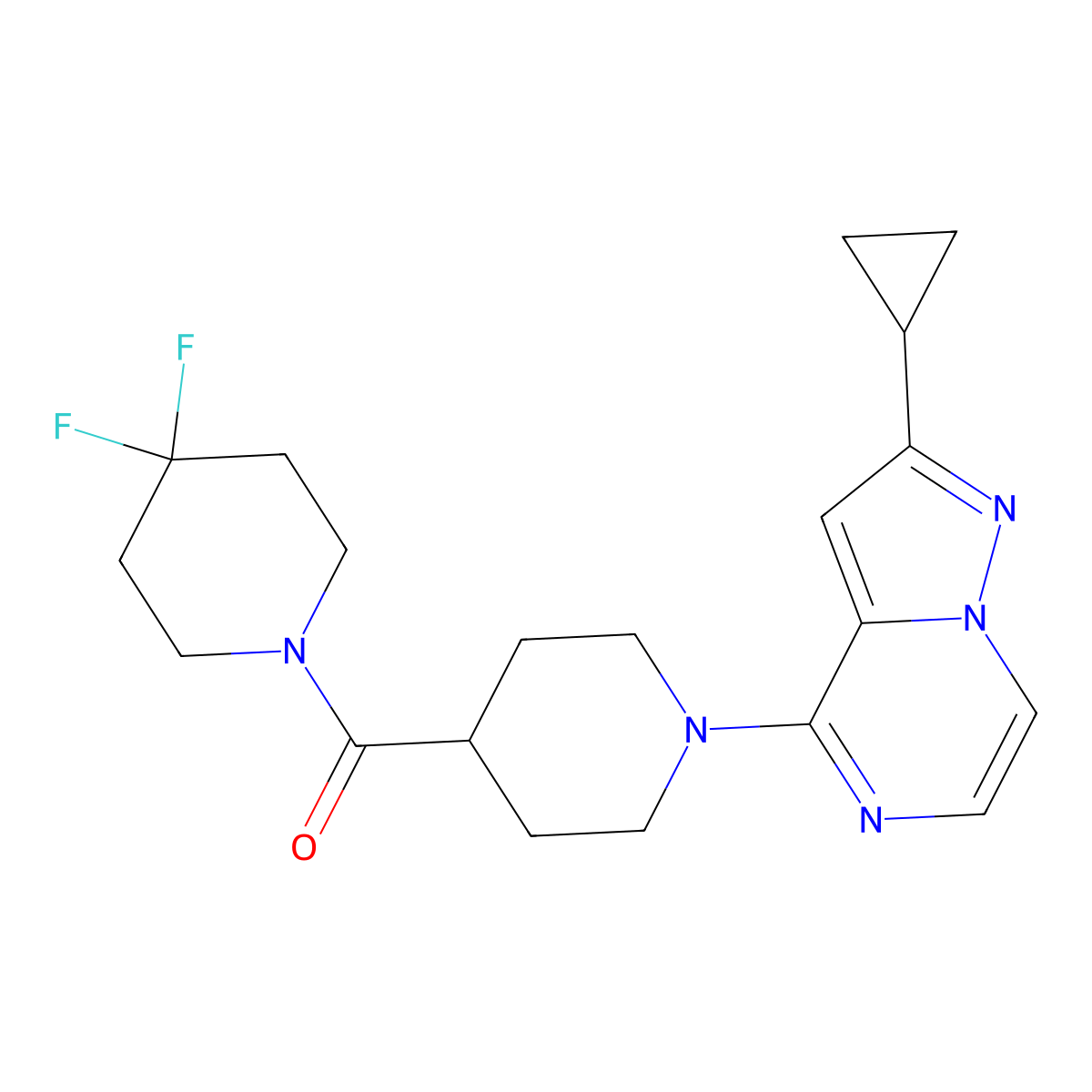 1-{2-Cyclopropylpyrazolo[1,5-a]pyrazin-4-yl}-4-(4,4-difluoropiperidine-1-carbonyl)piperidine molecular structure, CAS 2742054-76-6