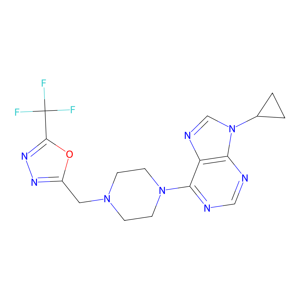 9-cyclopropyl-6-(4-{[5-(trifluoromethyl)-1,3,4-oxadiazol-2-yl]methyl}piperazin-1-yl)-9H-purine molecular structure, CAS 2742054-82-4