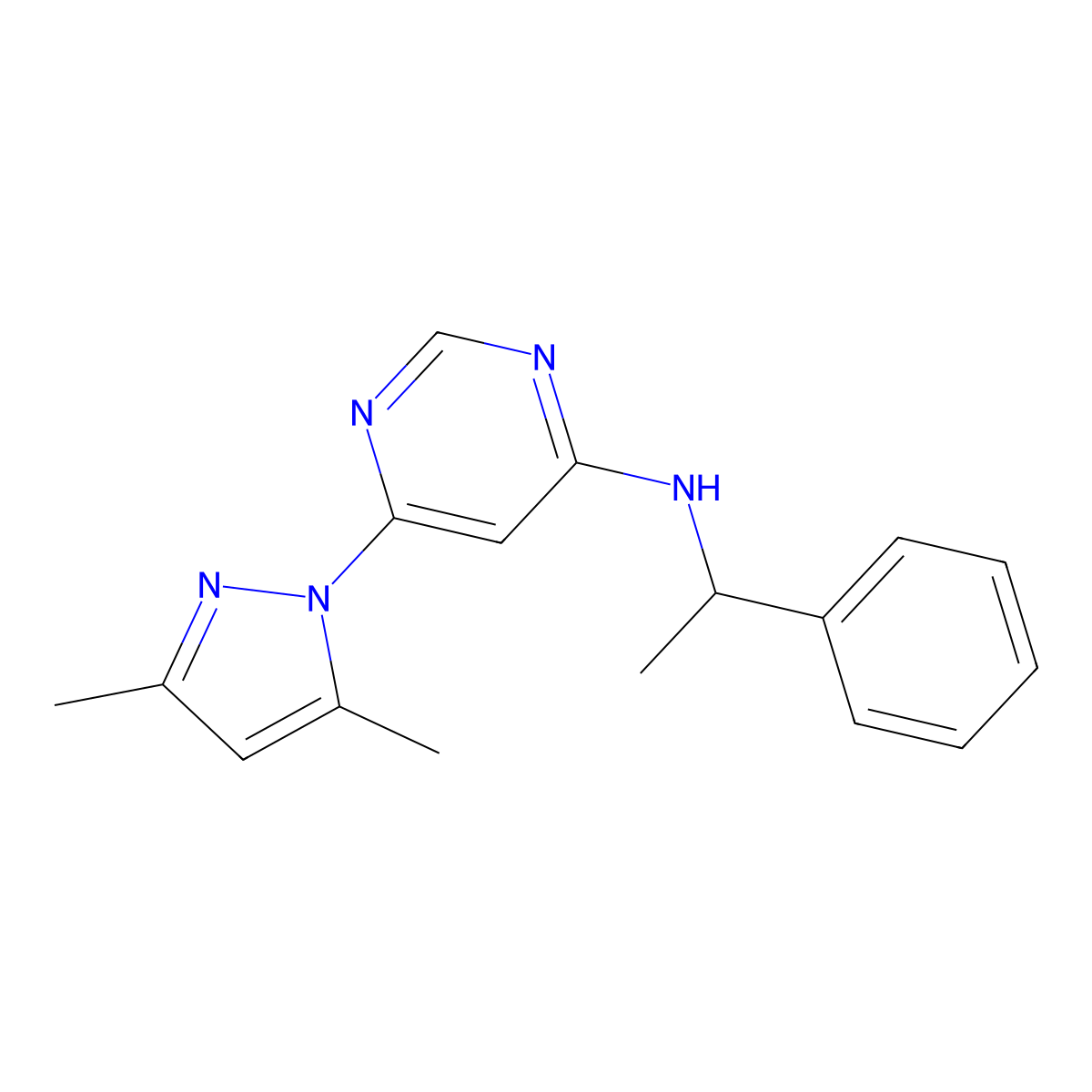 6-(3,5-dimethyl-1H-pyrazol-1-yl)-N-(1-phenylethyl)pyrimidin-4-amine molecular structure, CAS 2742054-85-7